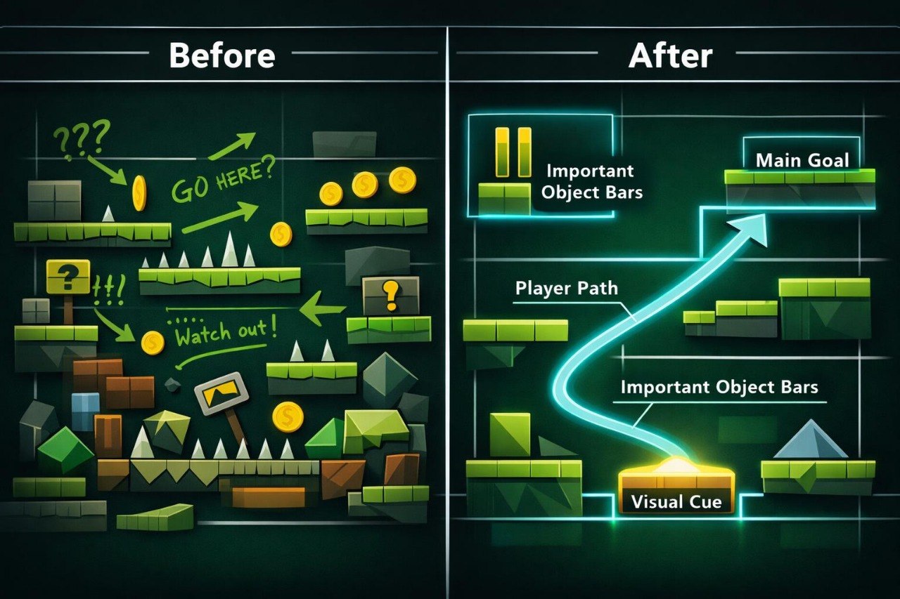 Comparison of a game map layout labeled 'Before' and 'After' with improved clarity.