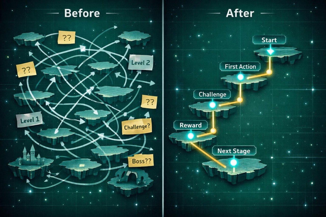 Comparison of a complex decision tree diagram labeled 'Before' and a simplified flowchart labeled 'After' on a dark background.