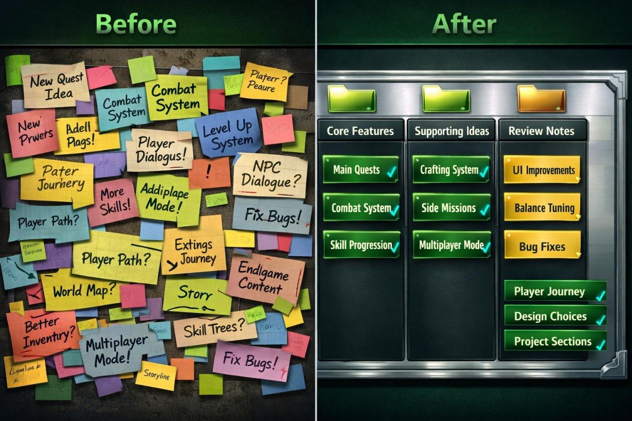 Comparison of 'Before' and 'After' design concepts for a game development project.