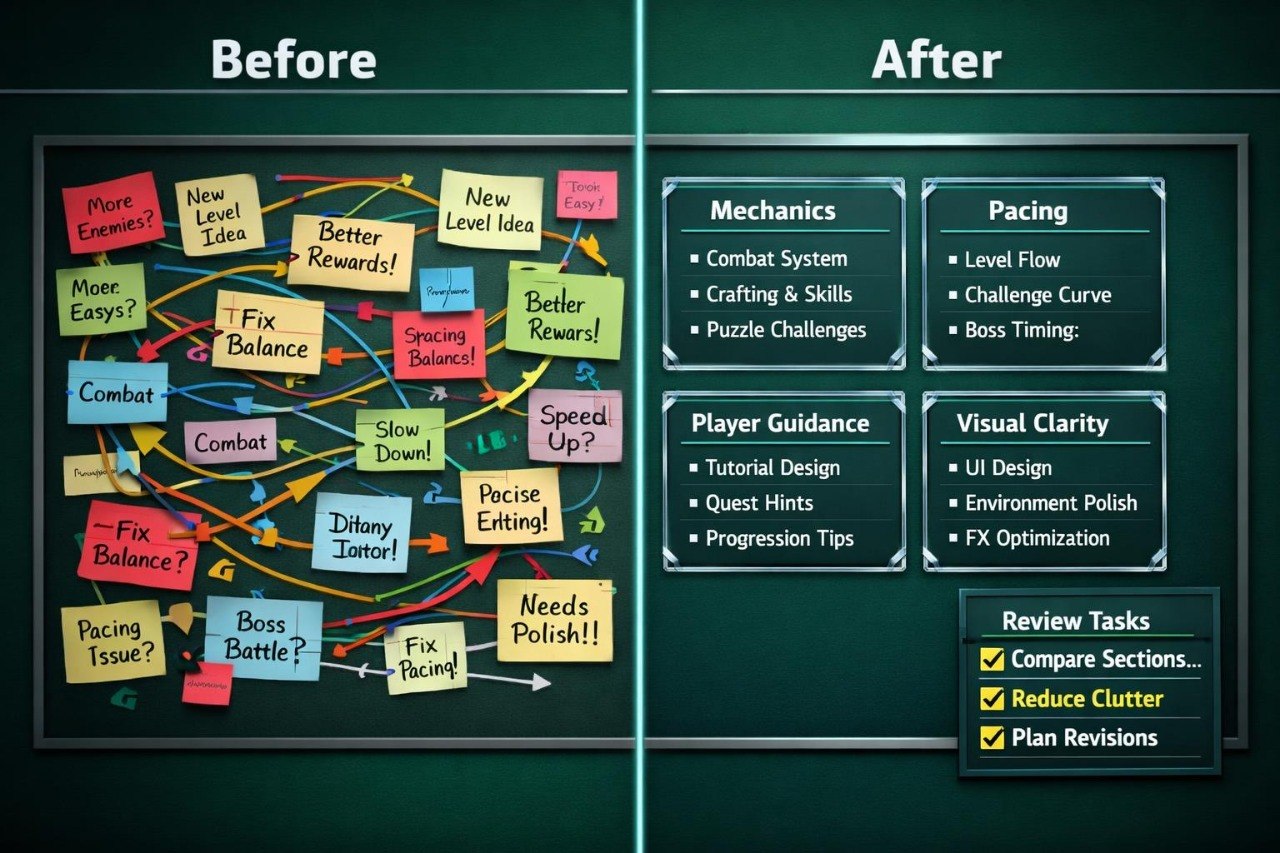 Before and after comparison of a project management board with colorful sticky notes and text boxes.
