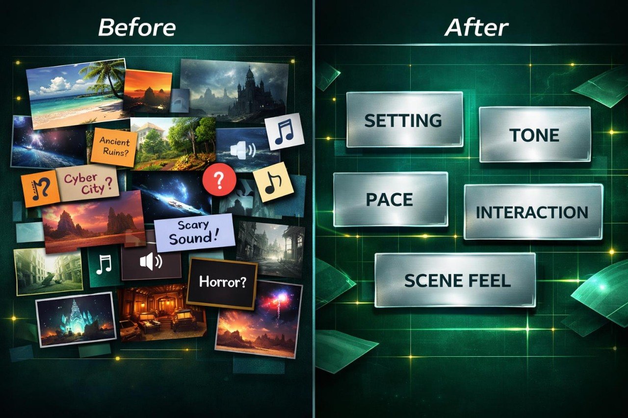Before and after comparison of a collage of scene elements with labeled categories on a green background.