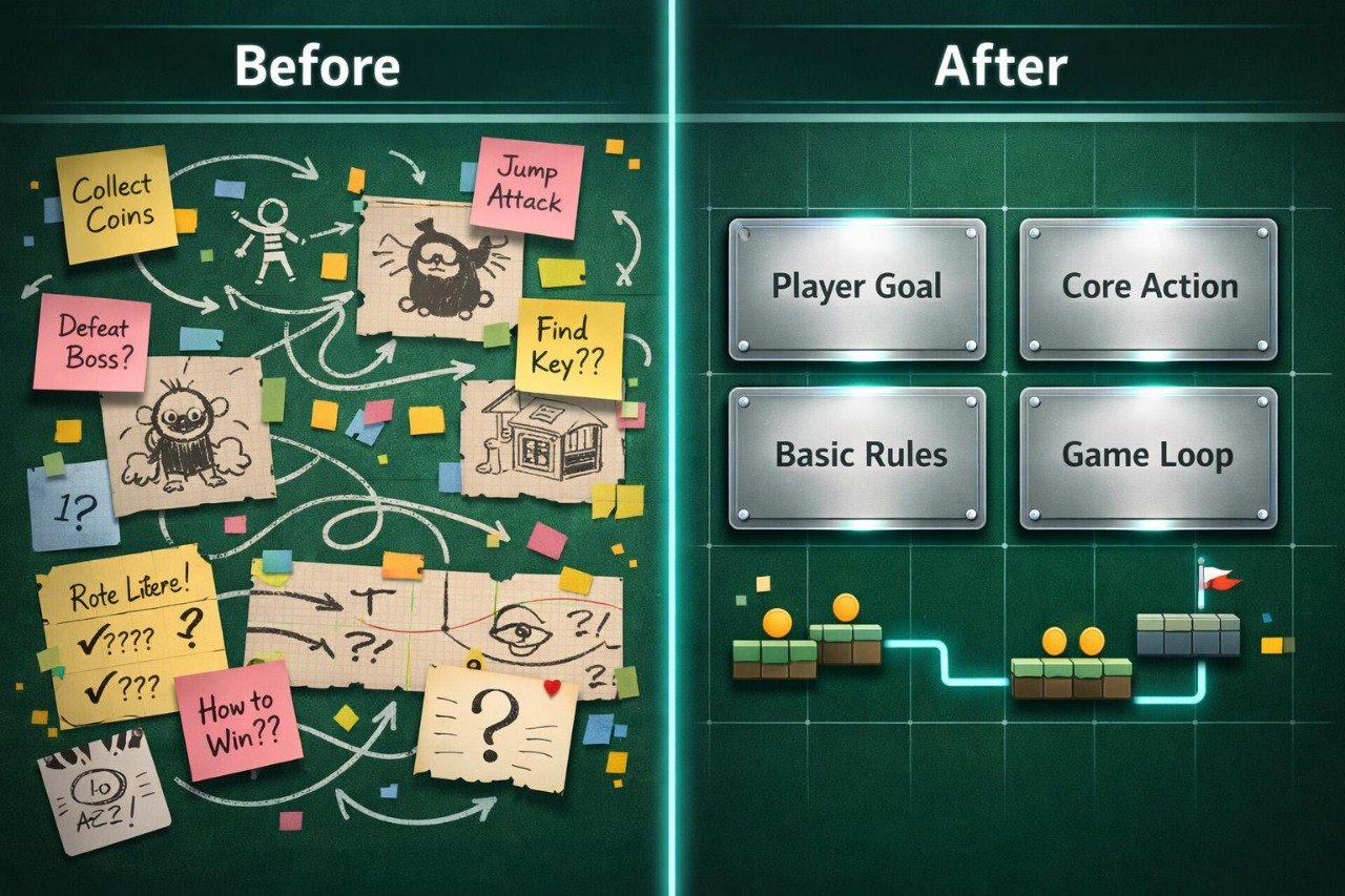 Comparison of a messy brainstorming board with sticky notes and a more organized game design layout.