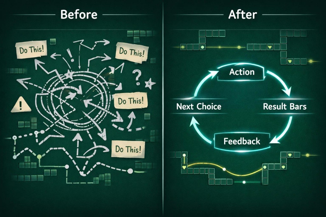 Comparison of a complex diagram labeled 'Before' with a simplified circular flowchart labeled 'After' on a dark green background.