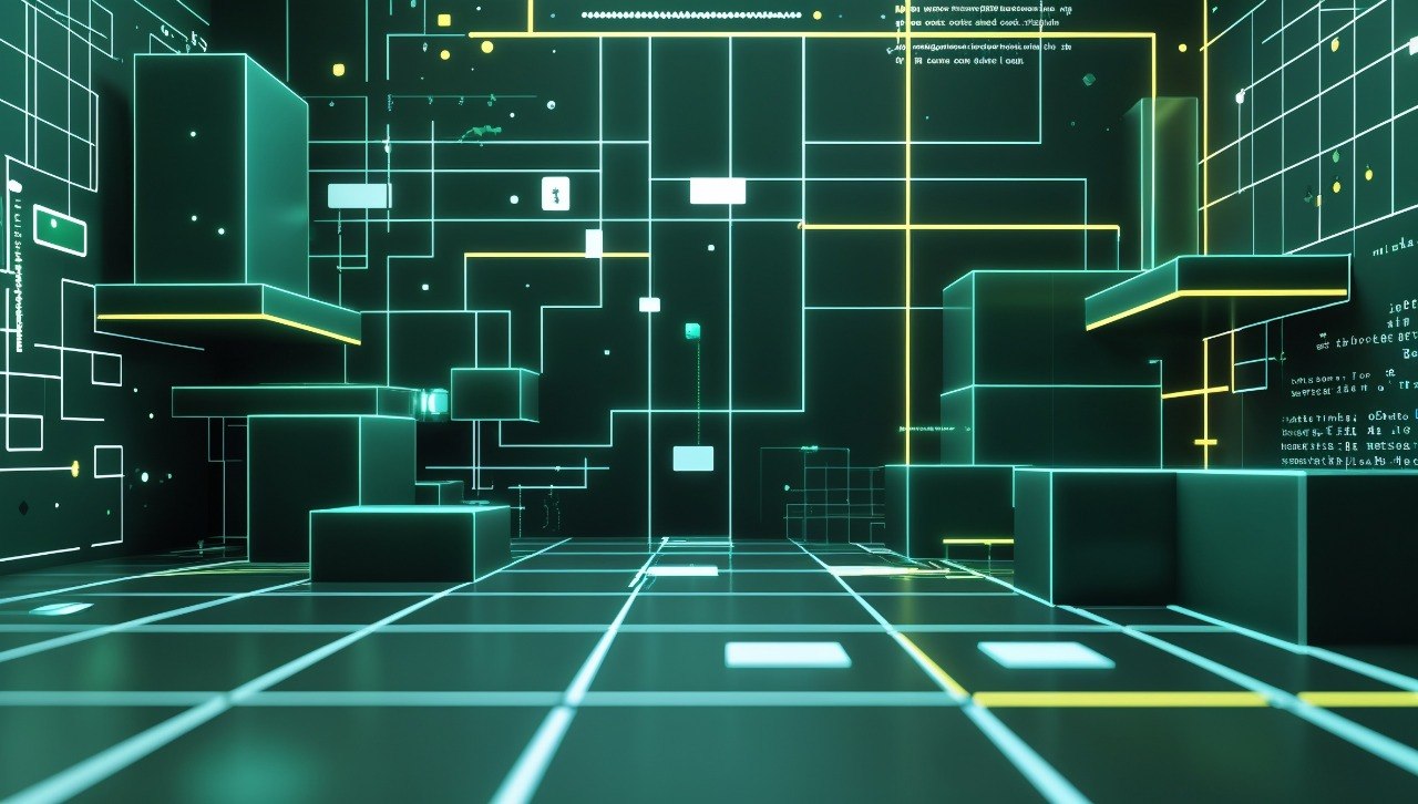 Digital, futuristic cityscape with glowing green lines and blocks