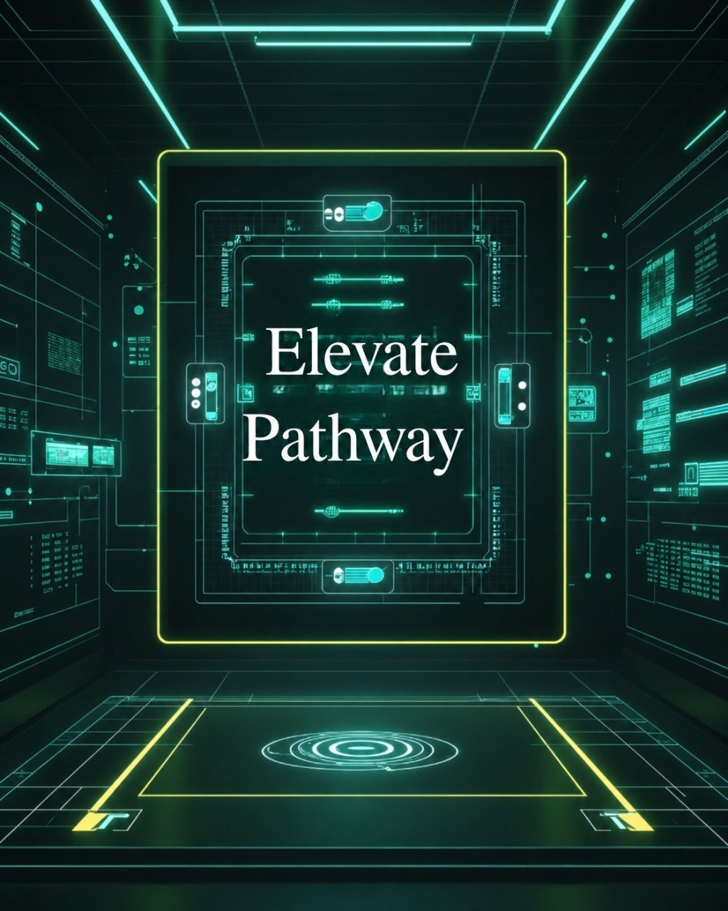 Futuristic digital interface with 'Elevate Pathway' text in a high-tech room.