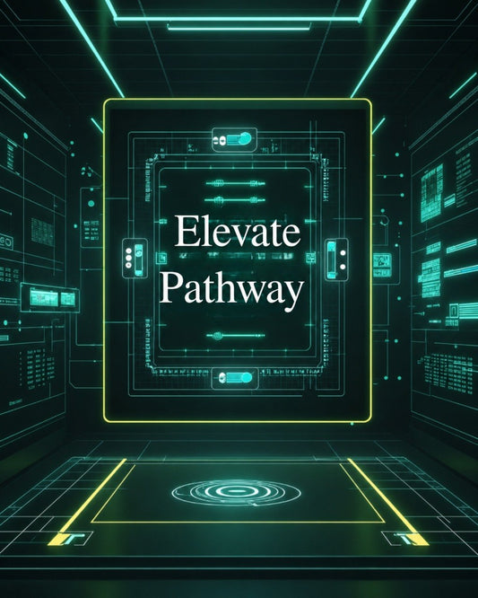 Futuristic digital interface with 'Elevate Pathway' text in a high-tech room.