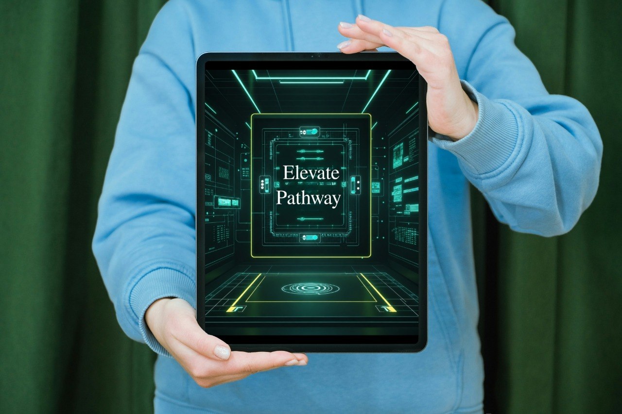 Person holding a tablet with a futuristic interface design on a green curtain background