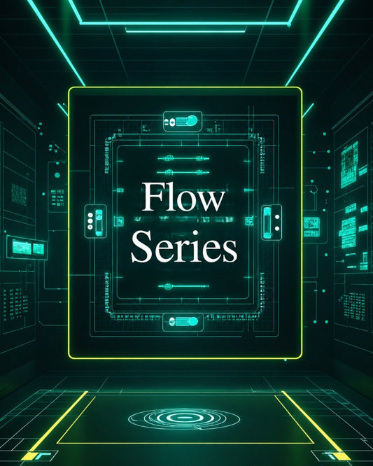 Digital interface with 'Flow Series' text in a futuristic design.