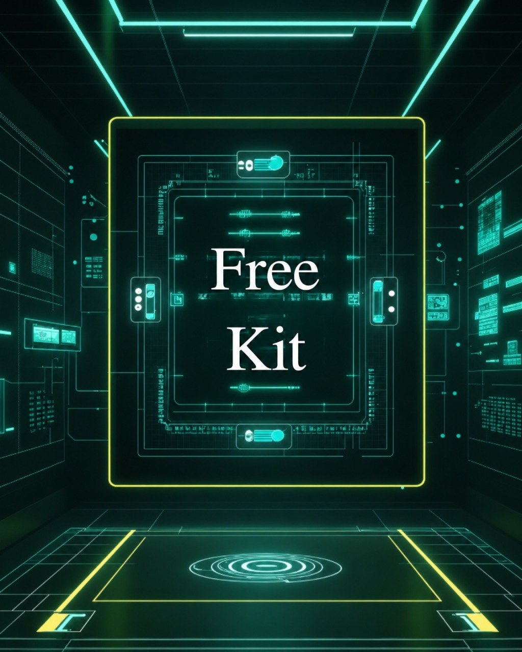 Digital interface with 'Free Kit' text in a futuristic, neon-lit room.