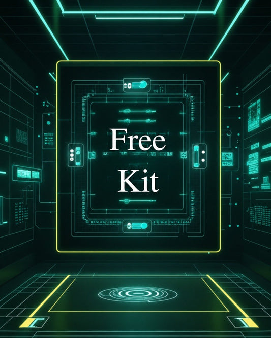 Digital interface with 'Free Kit' text in a futuristic, neon-lit room.