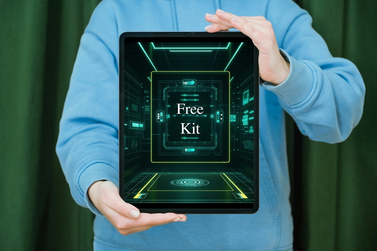 Person holding a tablet with a futuristic interface design on a green curtain background