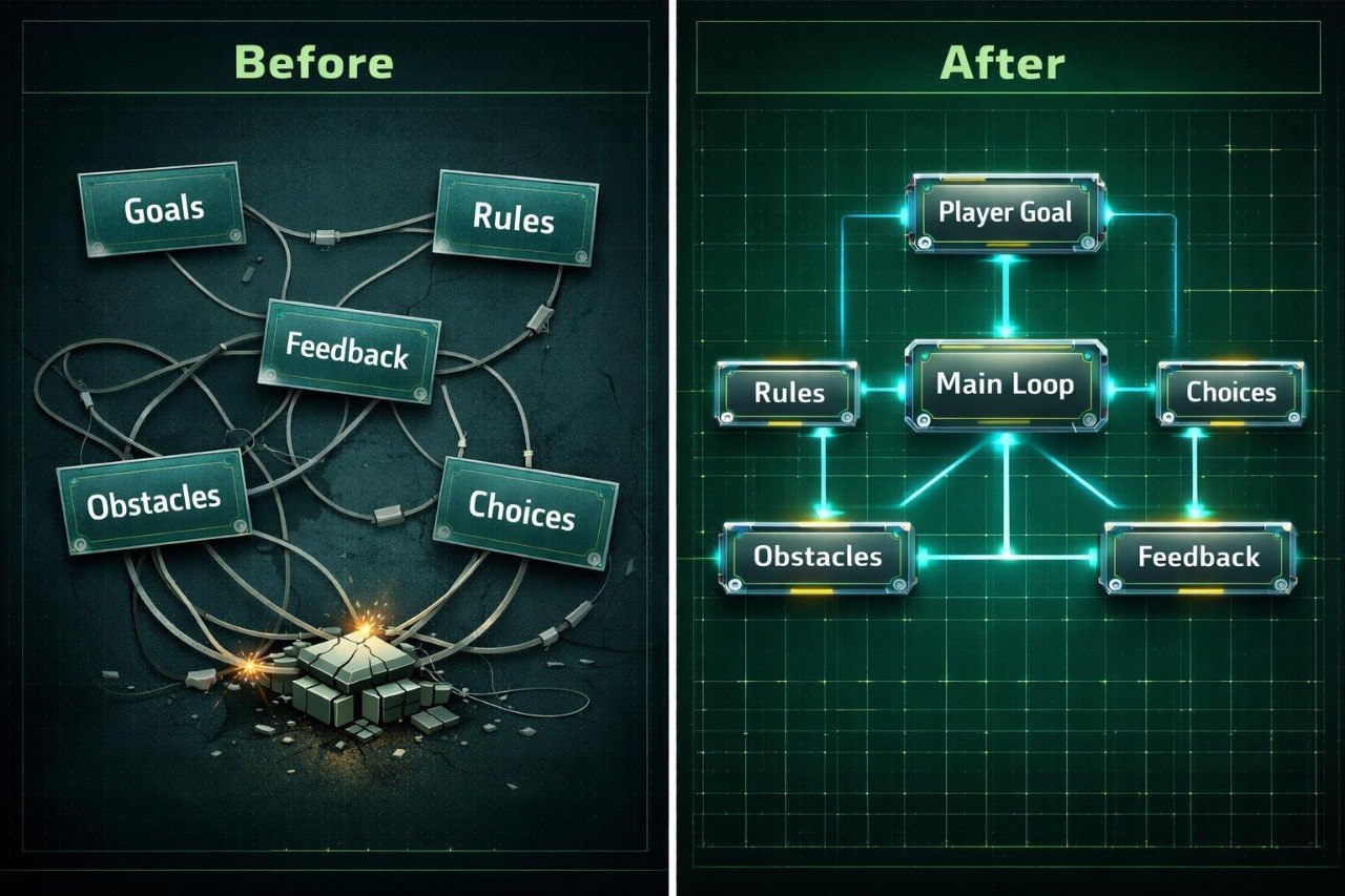 Comparison of game design flowcharts labeled 'Before' and 'After' on a dark grid background.