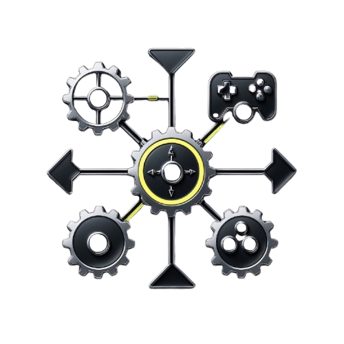 Decorative wall art with gears and a gaming controller on a white background