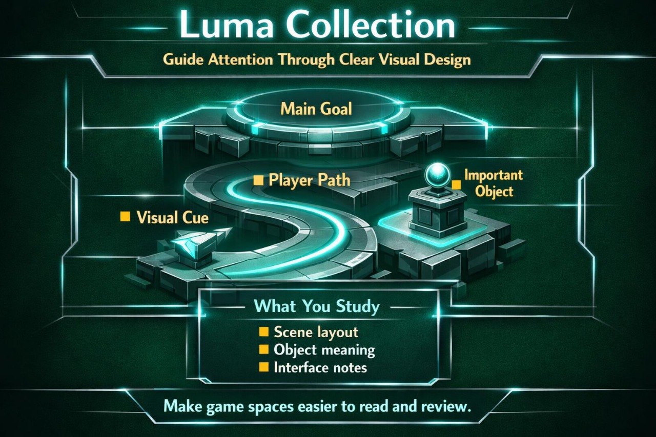 Diagram of game design principles with 'Luma Collection' branding on a dark background.