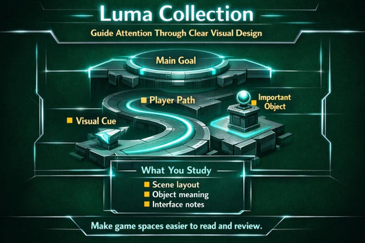 Diagram of game design principles with 'Luma Collection' branding on a dark background.