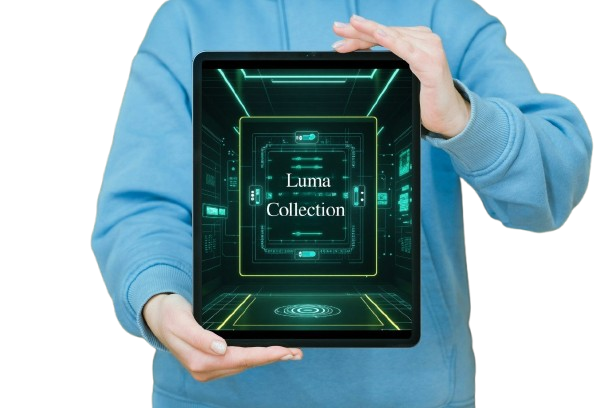 Person holding a tablet displaying the 'Luma Collection' on a white background