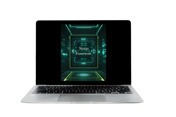 Laptop with a screen displaying 'Nexus Framework' on a white background