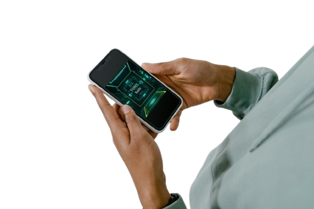 Person holding a smartphone with a green app interface on a white background