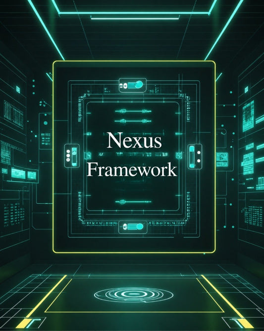 Nexus Framework logo in a futuristic digital environment with green and blue tones.
