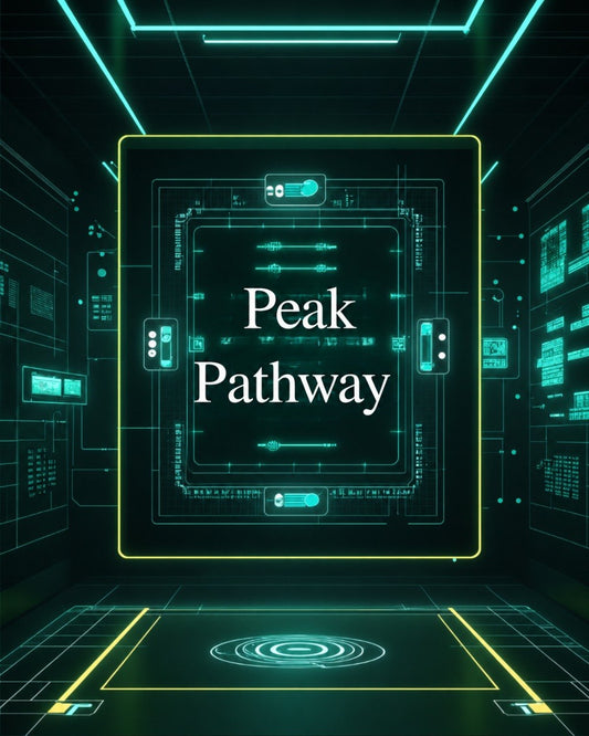 Futuristic digital interface with 'Peak Pathway' text in a high-tech room.