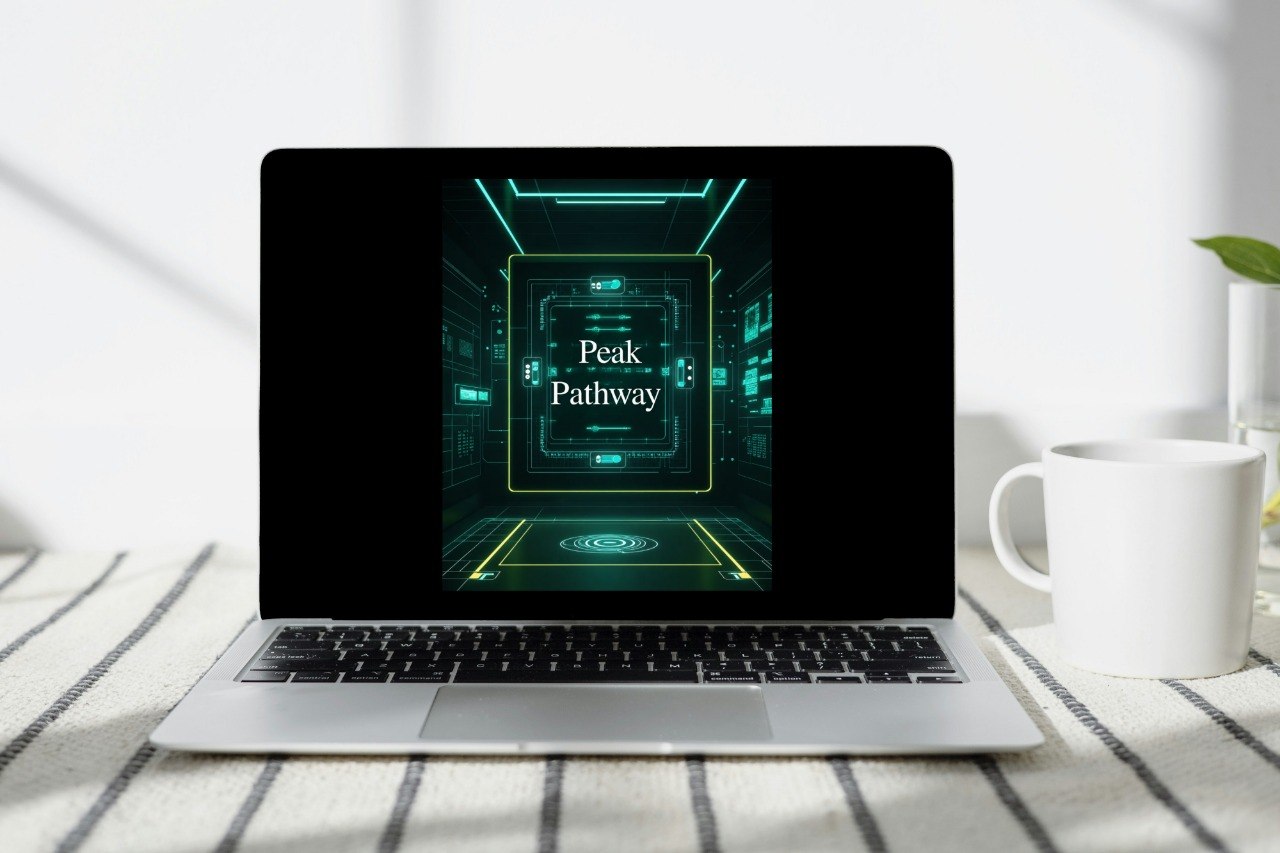 Laptop displaying 'Peak Pathway' on a desk with a mug and plant