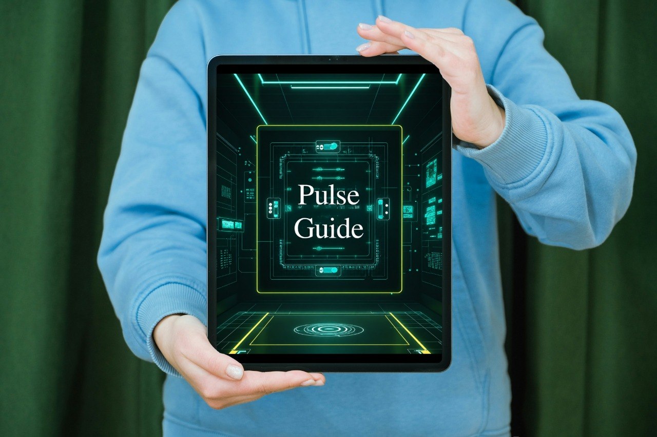 Person holding a tablet with 'Peak Pathway' displayed on a green screen interface.