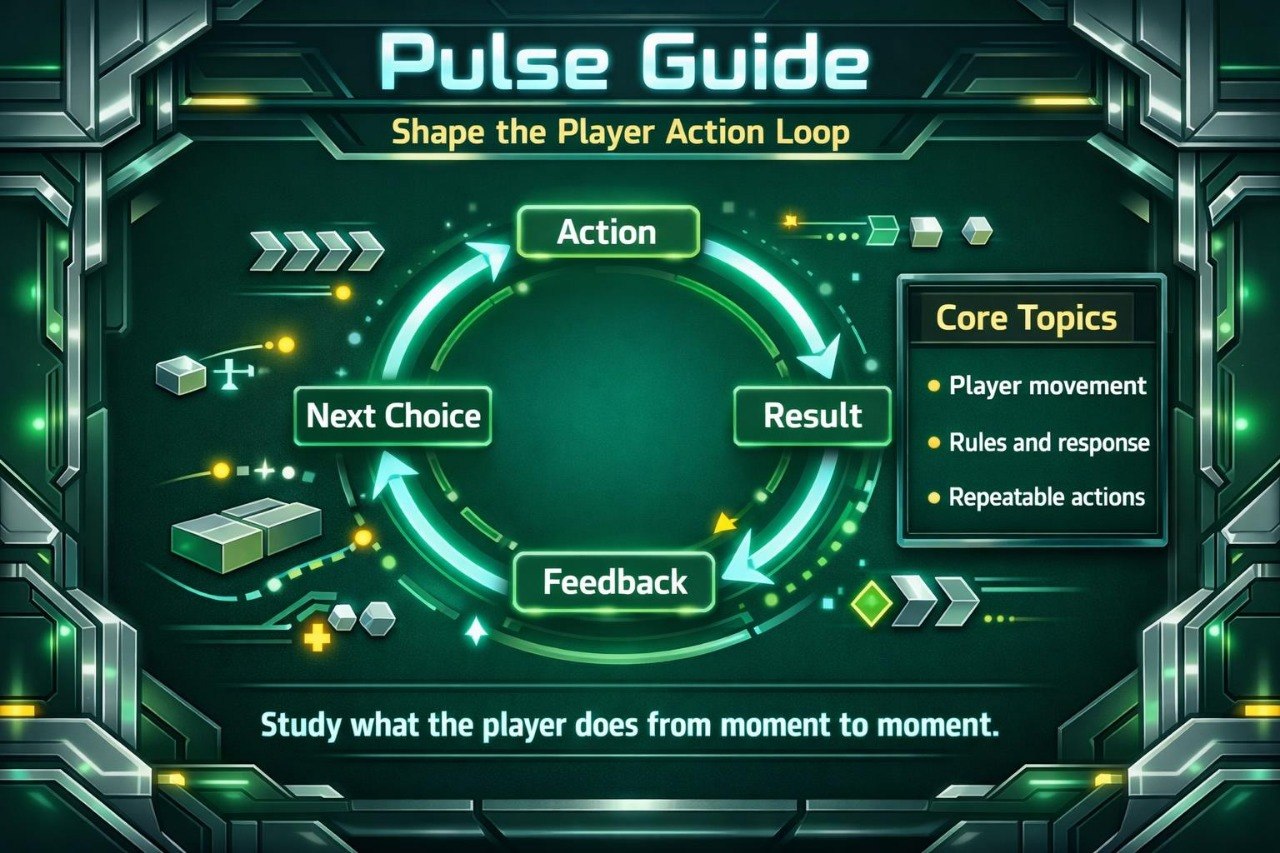 Diagram titled 'Pulse Guide' explaining a game design concept with arrows and text on a dark background.