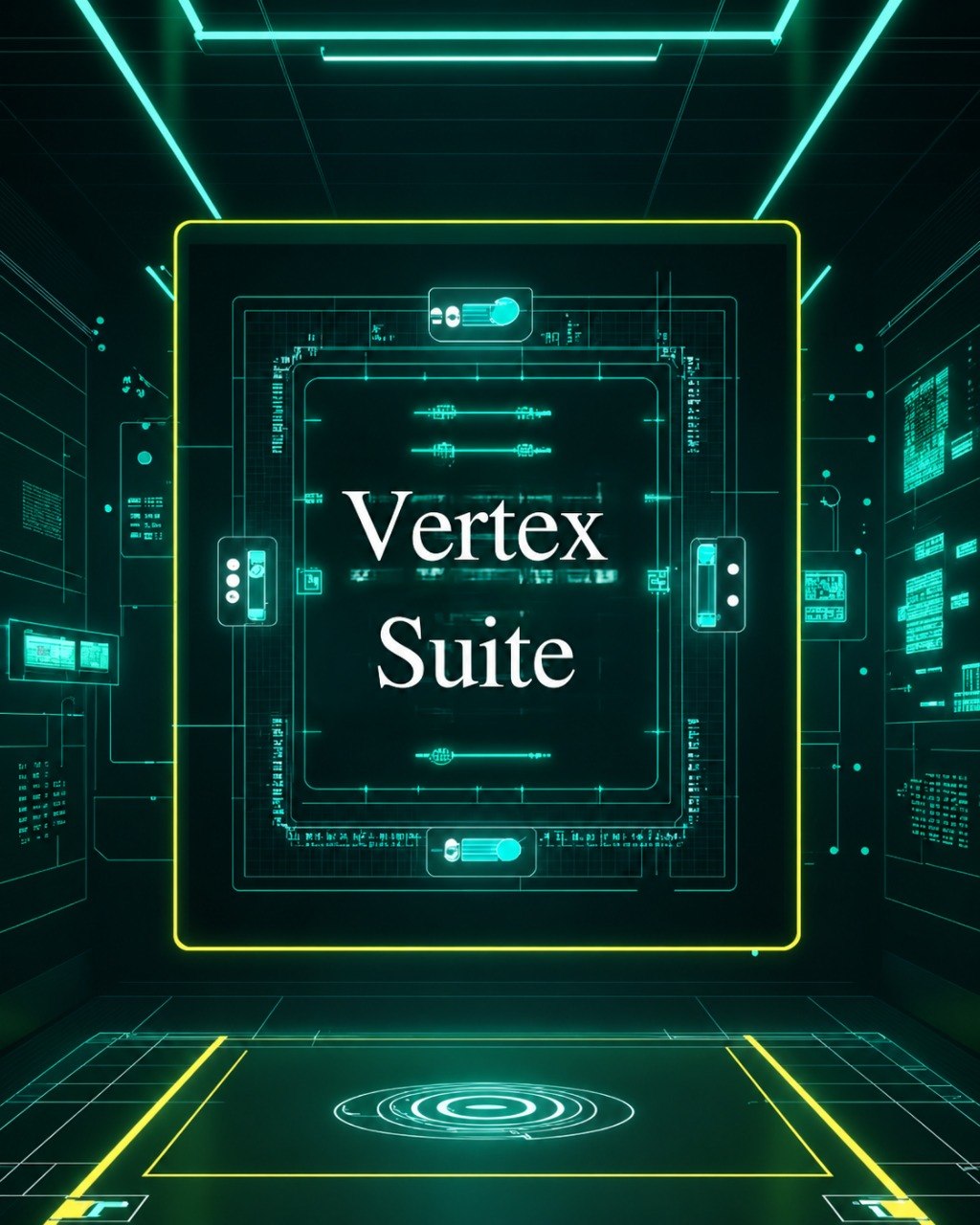 Futuristic interface with 'Vertex Suite' text in a high-tech environment