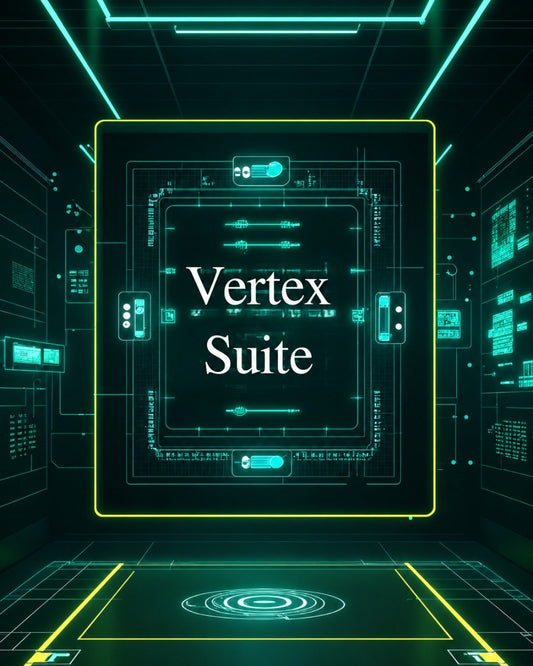 Futuristic interface with 'Vertex Suite' text in a high-tech environment