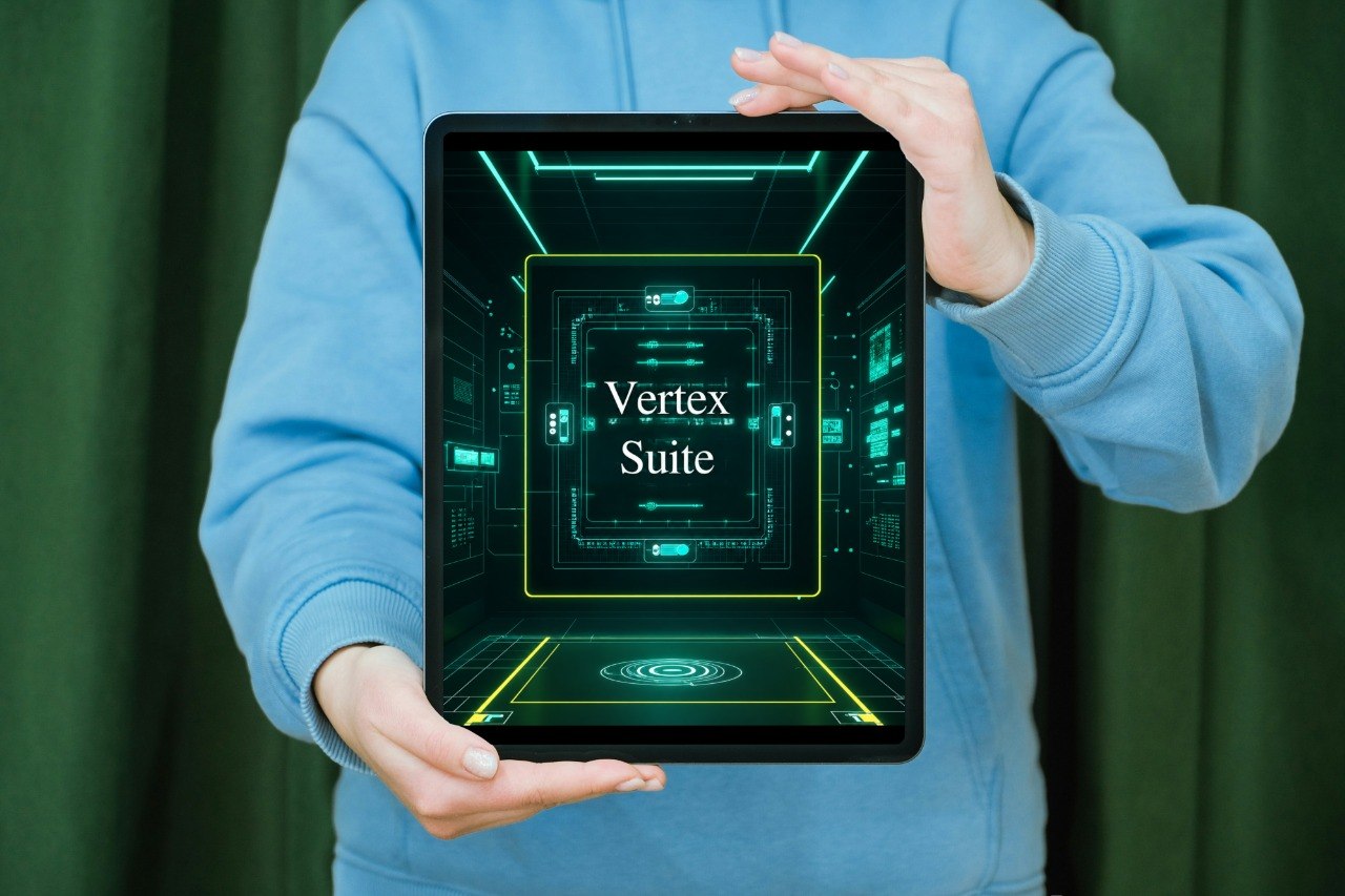 Person holding a tablet with 'Luma Collection' displayed on a green curtain background