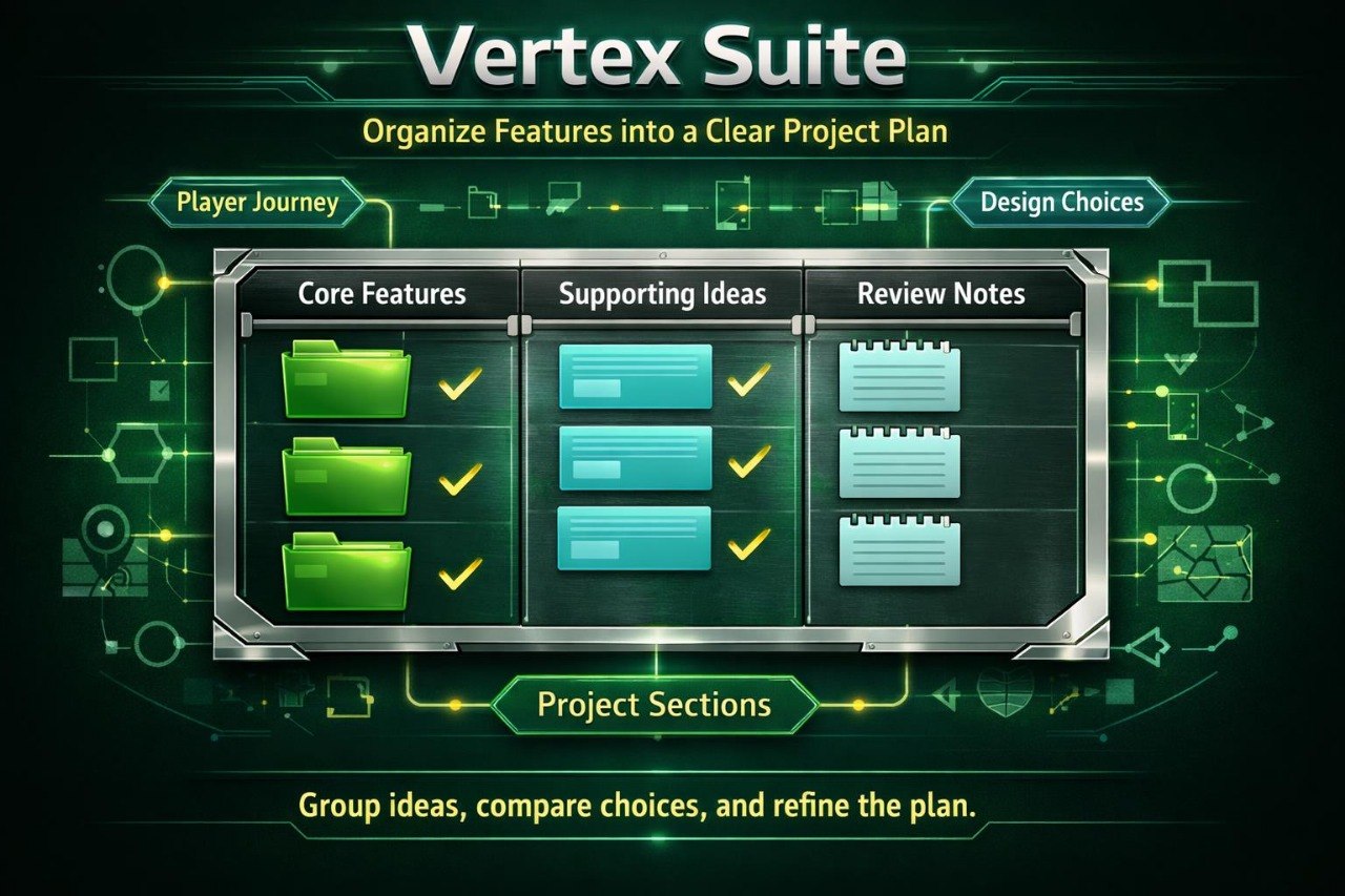 Vertex Suite software interface with project planning features on a dark background