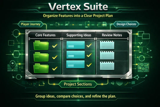 Vertex Suite software interface with project planning features on a dark background