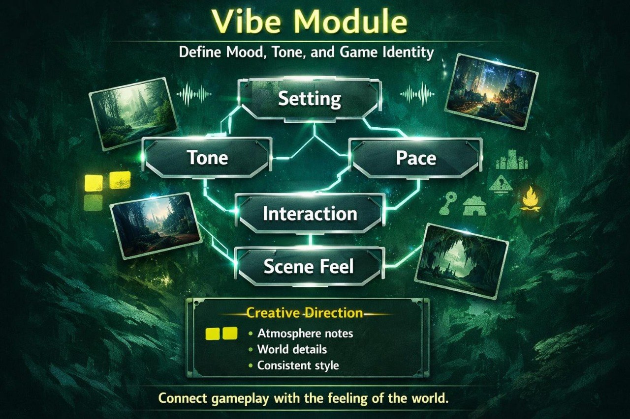 Vibe Module diagram with game design elements on a dark background